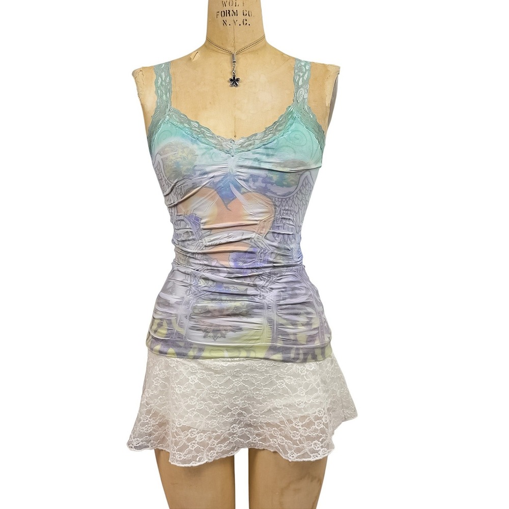 2000s Fairy Grunge Graphic Cami Heart Wings Lace Trim Y2K Indie XS